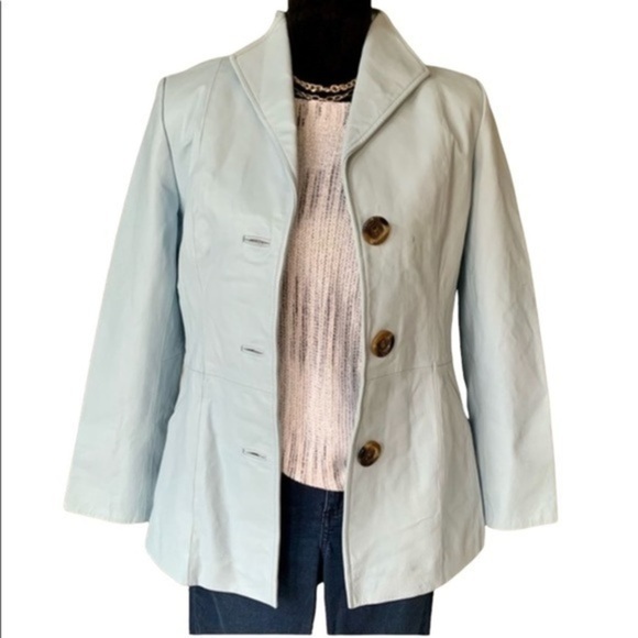 VINTAGE Terry Lewis Blazer Baby Blue New Leather Single Breast Jacket